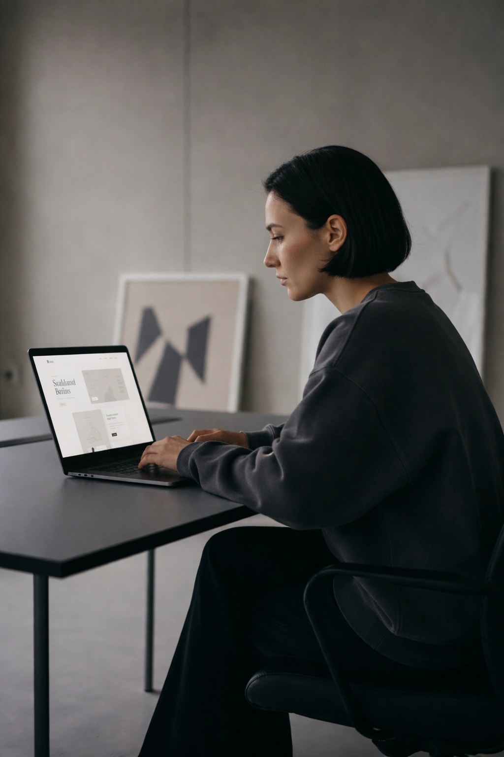 Designer working at a desk on a minimal laptop setup
